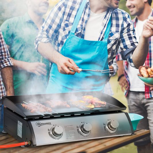 Outsunny Gas Plancha Barbecue Grill with 3 Stainless Steel Burner, 7.5kW, Portable Tabletop Gas BBQ with Non-Stick Griddle for Camping Picnic Garden Party Festival