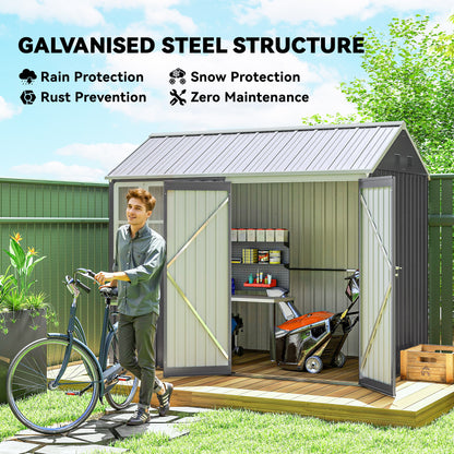 Outsunny 8 x 6 ft Galvanised Garden Shed, Outsoor Metal Storage Shed with Double Doors Window Air Vents, Grey