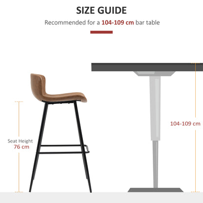 HOMCOM Bar Stools Set of 2, PU Leather Upholstered Bar Chairs, Breakfast Kitchen Counter Chairs with Backs, Steel Legs and Footrests for Dining Room, Brown