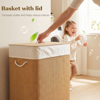 HOMCOM Double Laundry Basket with Lid, 100L Bamboo Laundry Hamper with Rope Handles, Washing Basket with Removable Liner for Bathroom, Bedroom, Brown