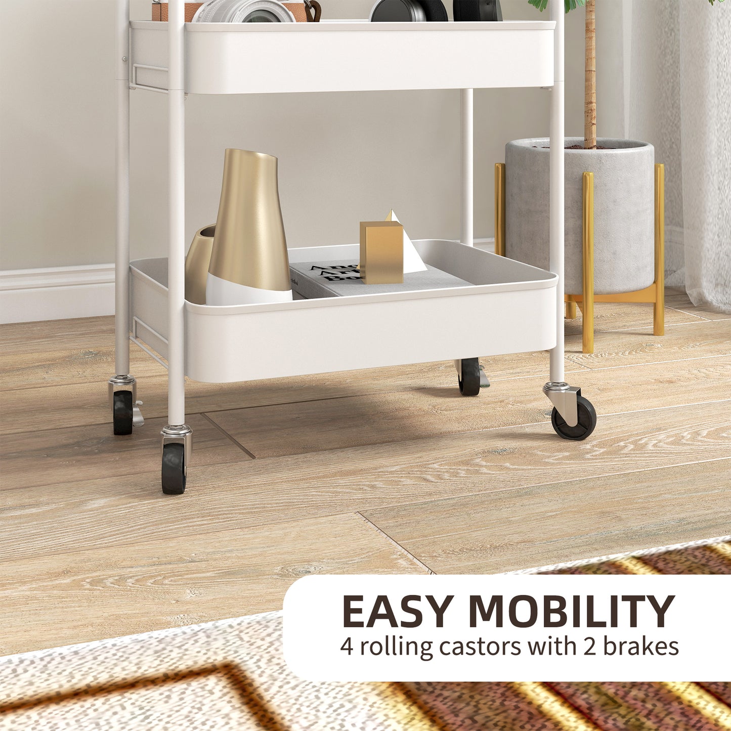 HOMCOM Three-Tier Steel Storage Trolley - White