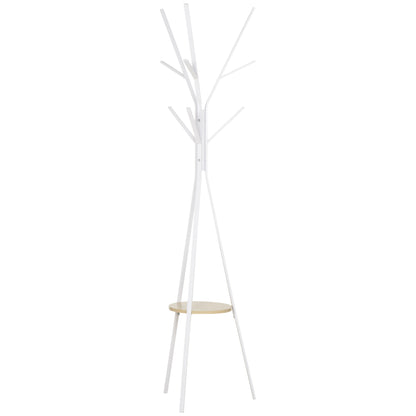 HOMCOM Freestanding Metal Coat Rack Stand 9 Hooks Clothes Tree with 1 Shelf Hat Display Hall Tree Hanger Bag Umbrella Hanging Organiser White
