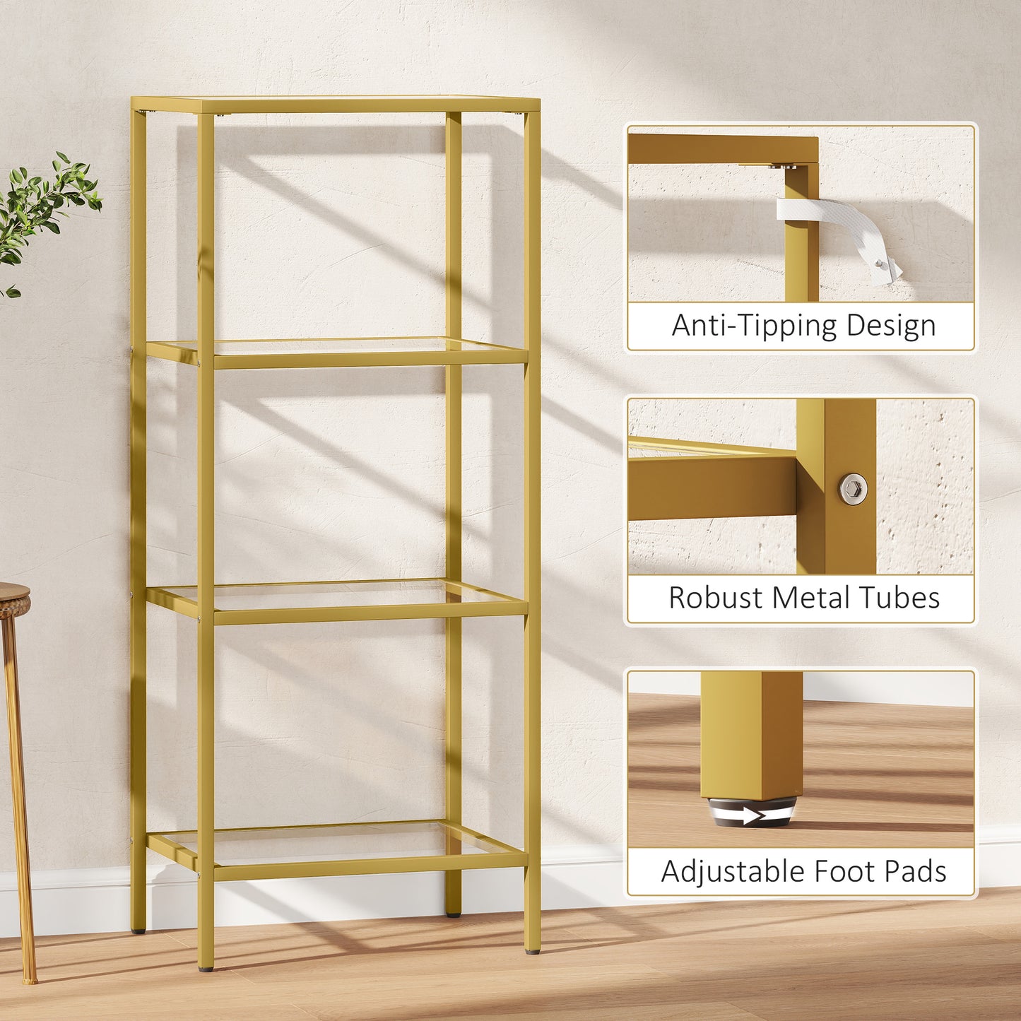 HOMCOM 4-Tier Shelving Unit, Glass Shelf, Vertical Storage Shelf for Living Room, Home Office, Bedroom, Bathroom, Gold Tone