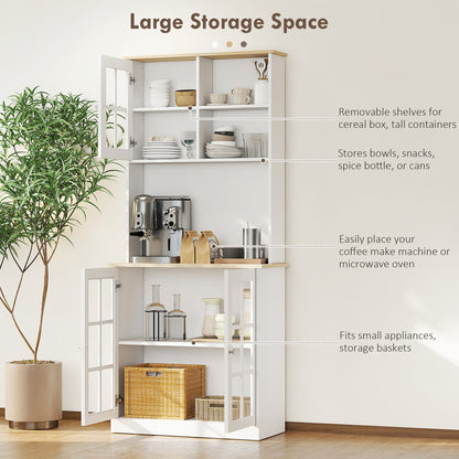 HOMCOM Freestanding Kitchen Cupboard, Storage Cabinet with Doors and Adjustable Shelves, Counter Top, Grid Glass Doors, 80L x 37W x 183H cm - White