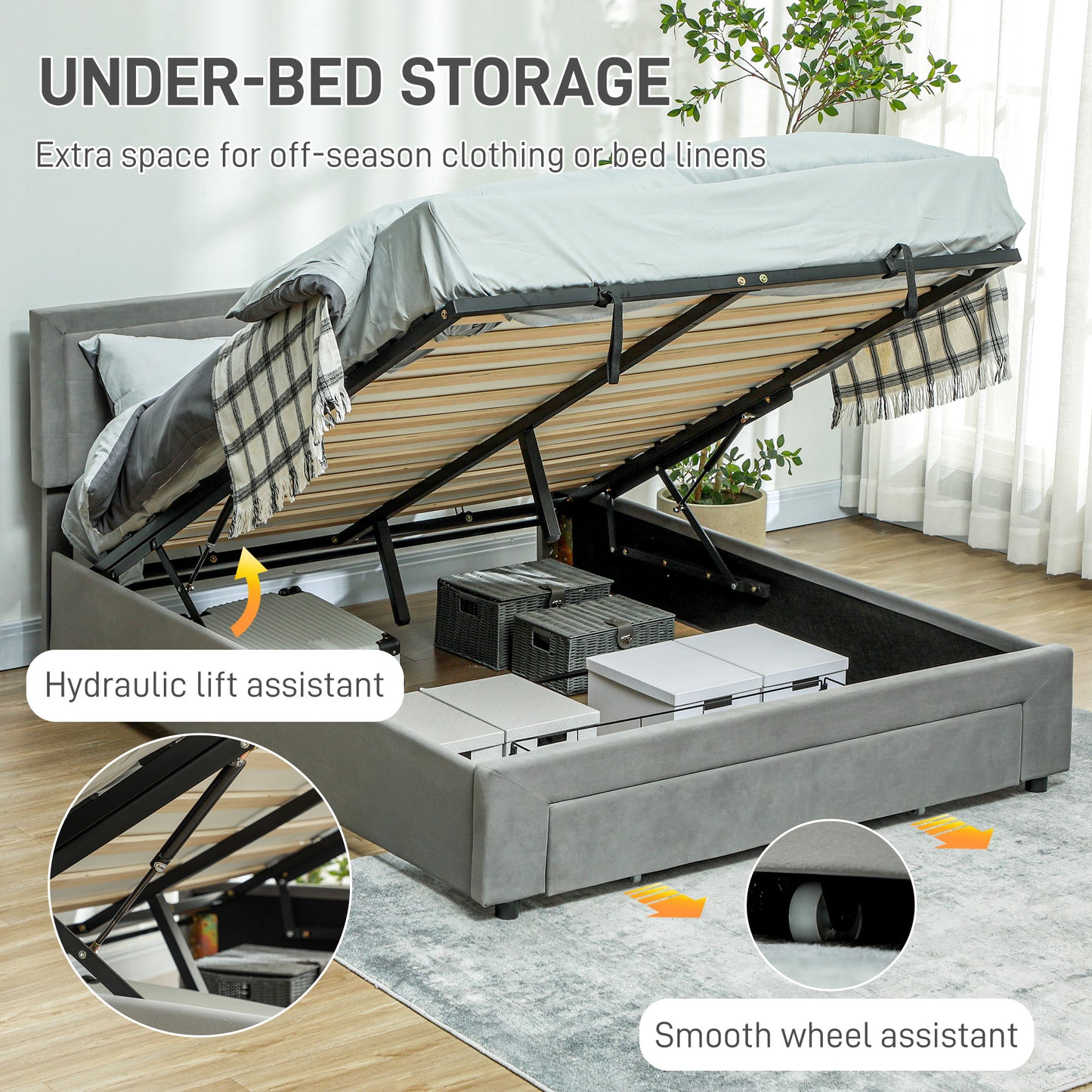 HOMCOM King Size Ottoman Bed Frame, with Front Drawer - Grey-Beds & Bed Frames-ChewyGames-ChewyGames