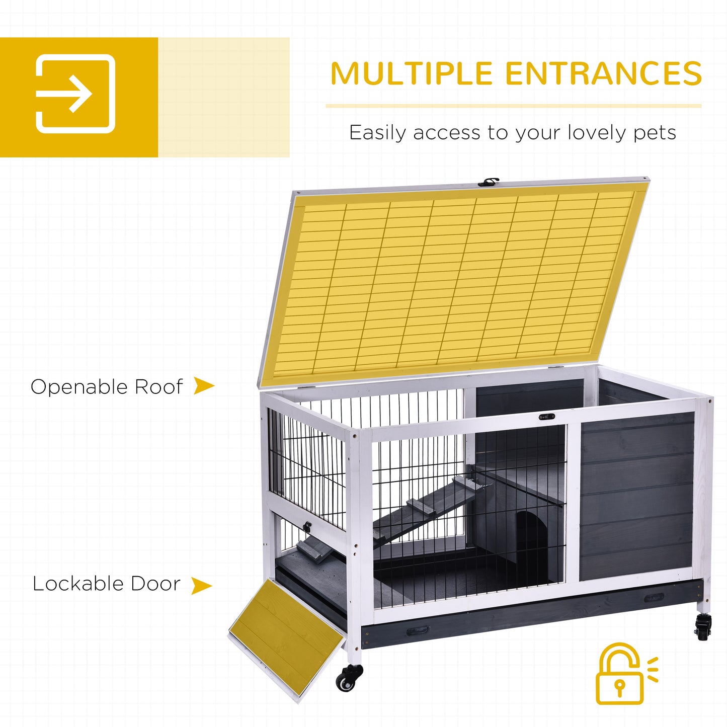 PawHut Wooden Guinea Pig Hutch, 2-Floor Bunny Cage w/ Enclosed Run Area, Grey