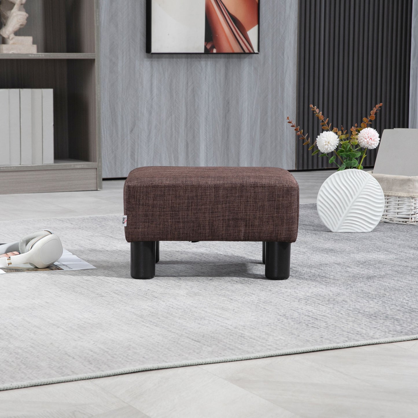 HOMCOM Linen Fabric Footstool Ottoman Cube with 4 Plastic Legs, Brown--ChewyGames-ChewyGames