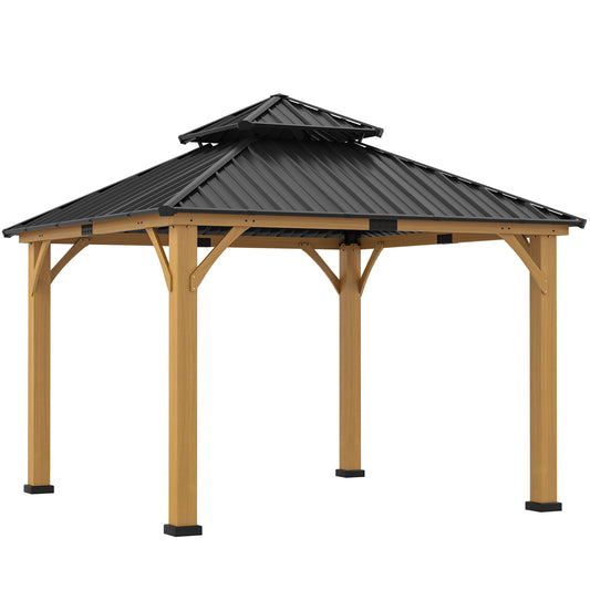 Outsunny 3.5 x 3.5m Outdoor Hardtop Gazebo Canopy with Two-tier Metal Roof and Solid Wood Frame Outdoor Patio Shelter for Patio, Garden, Black