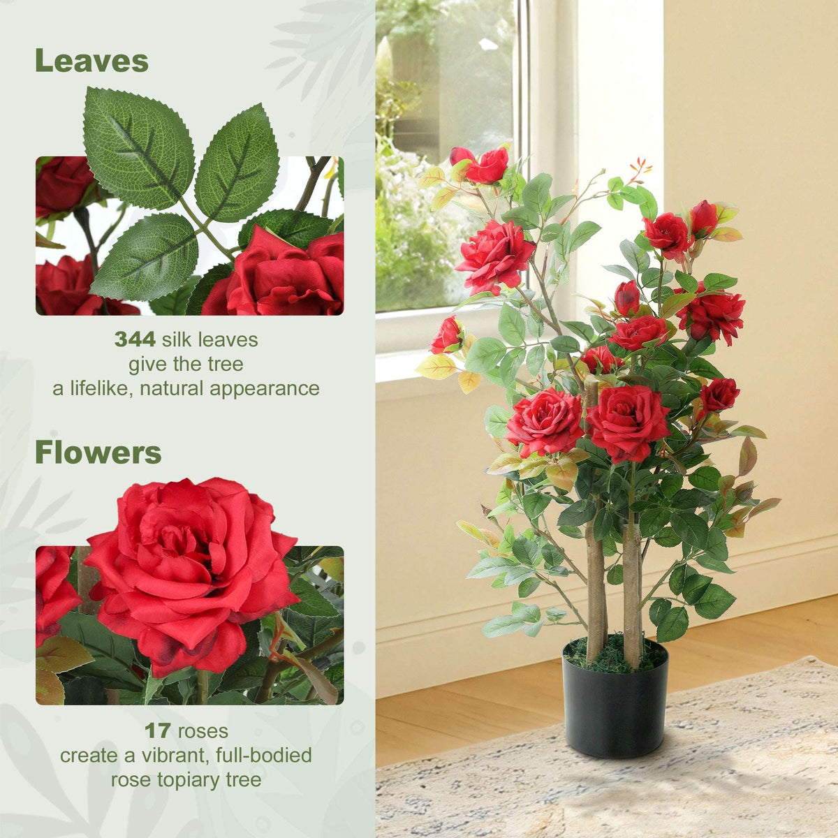 HOMCOM 90cm Artificial Rose Tree, Decorative Fake Plant with 344 Silk Leaves 17 Flowers for Outdoor Indoor Decor, Red