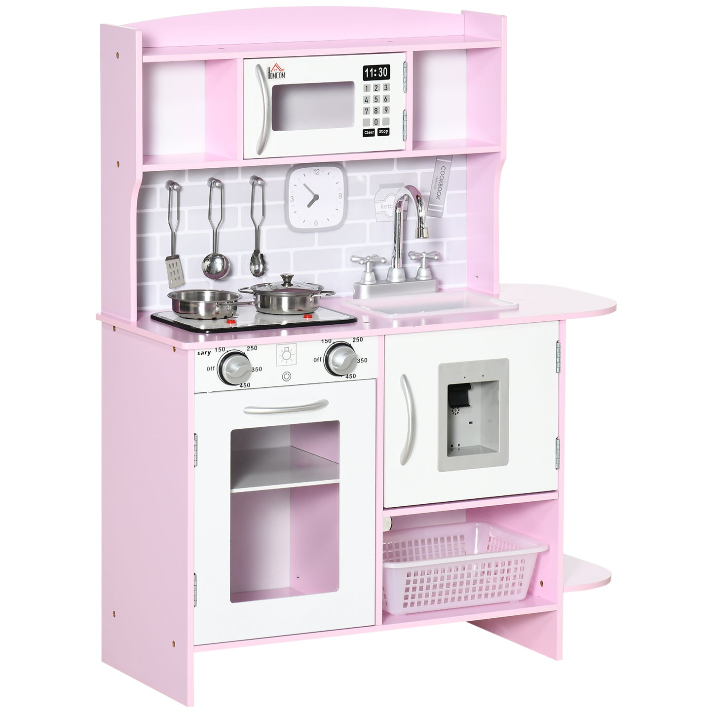 HOMCOM Kids Kitchen Playset, with Lights, Sounds, Microwave, Sink and Storage - Pink--ChewyGames-ChewyGames
