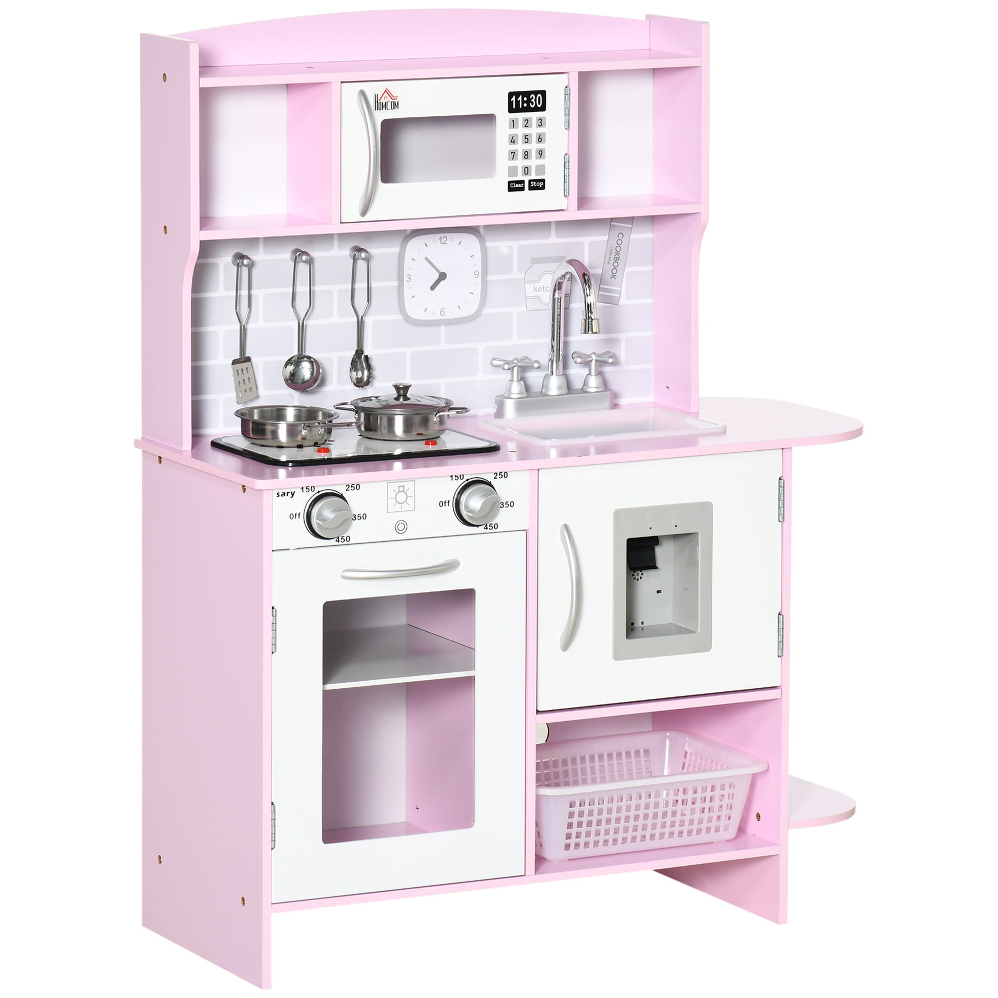 HOMCOM Kids Kitchen Playset, with Lights, Sounds, Microwave, Sink and Storage - Pink--ChewyGames-ChewyGames