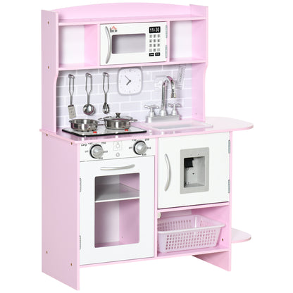 HOMCOM Kids Kitchen Playset, with Lights, Sounds, Microwave, Sink and Storage - Pink--ChewyGames-ChewyGames