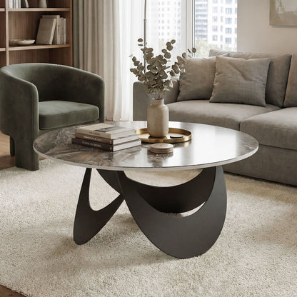 HOMCOM Coffee Table Sintered Stone Top Adjustable Foot Pads Modern Centre Table for Living Room Brown and Black