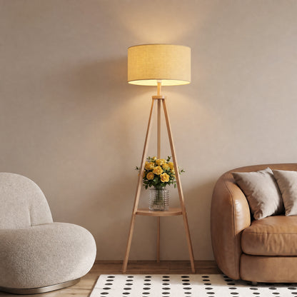 HOMCOM Bedside Light, Tripod Floor Lamp with Storage Shelf and Linen Shade for Living Room, 160cm, Natural Wood Colour