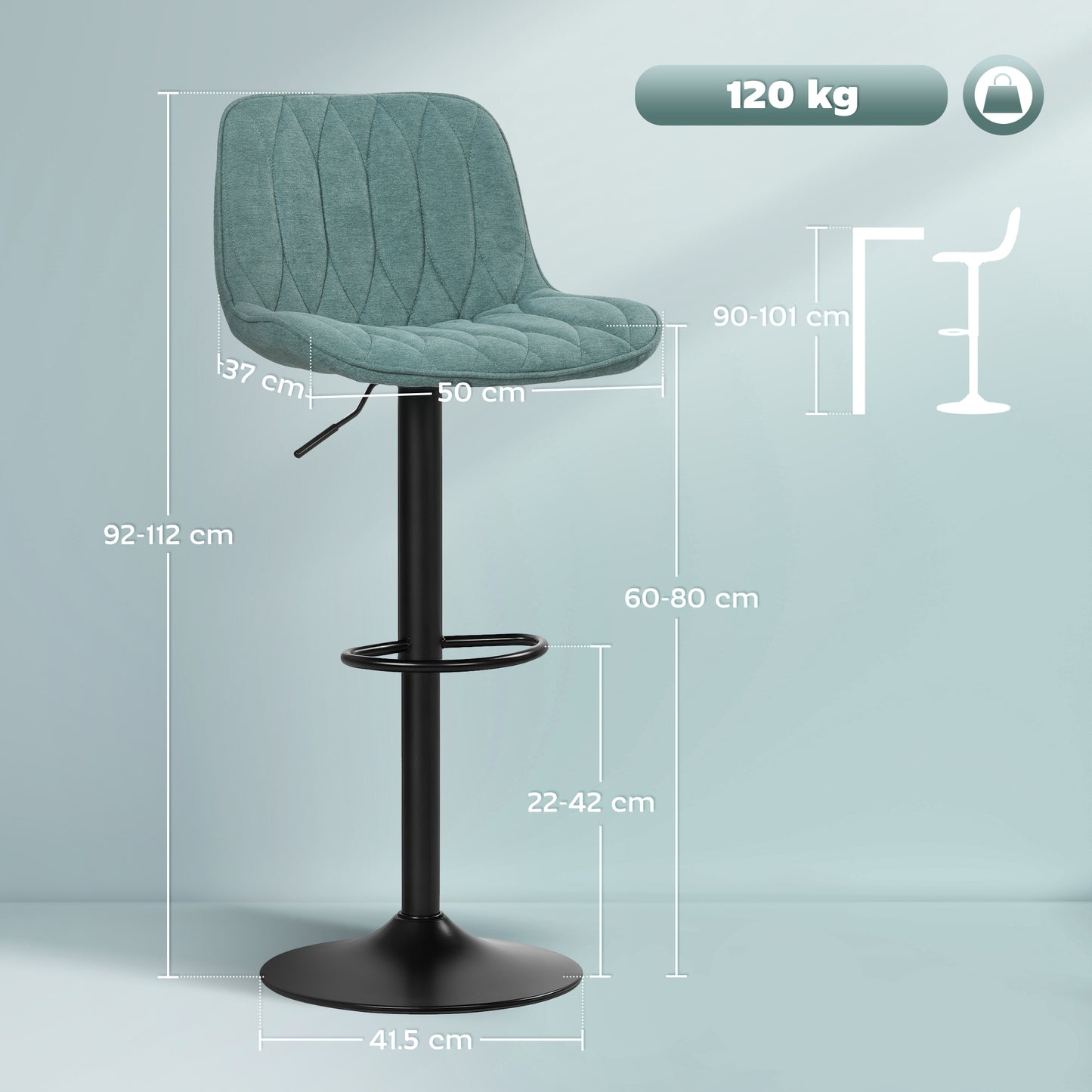 HOMCOM Set of Two Linen-Look Bar Stools - Blue