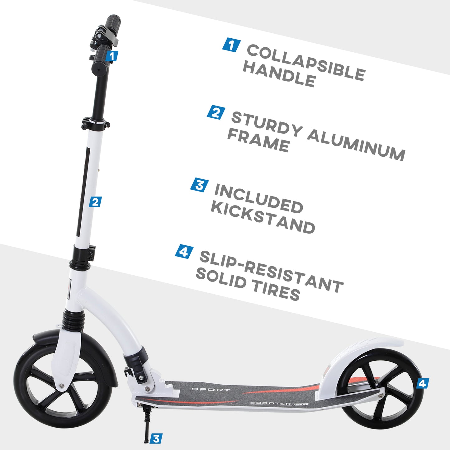 HOMCOM Foldable Kick Scooter with Double Shock Absorption and Big Wheels, Height Adjustable Aluminium Frame Big Wheel Scooter for 14+ Teens Adult - White--ChewyGames-ChewyGames