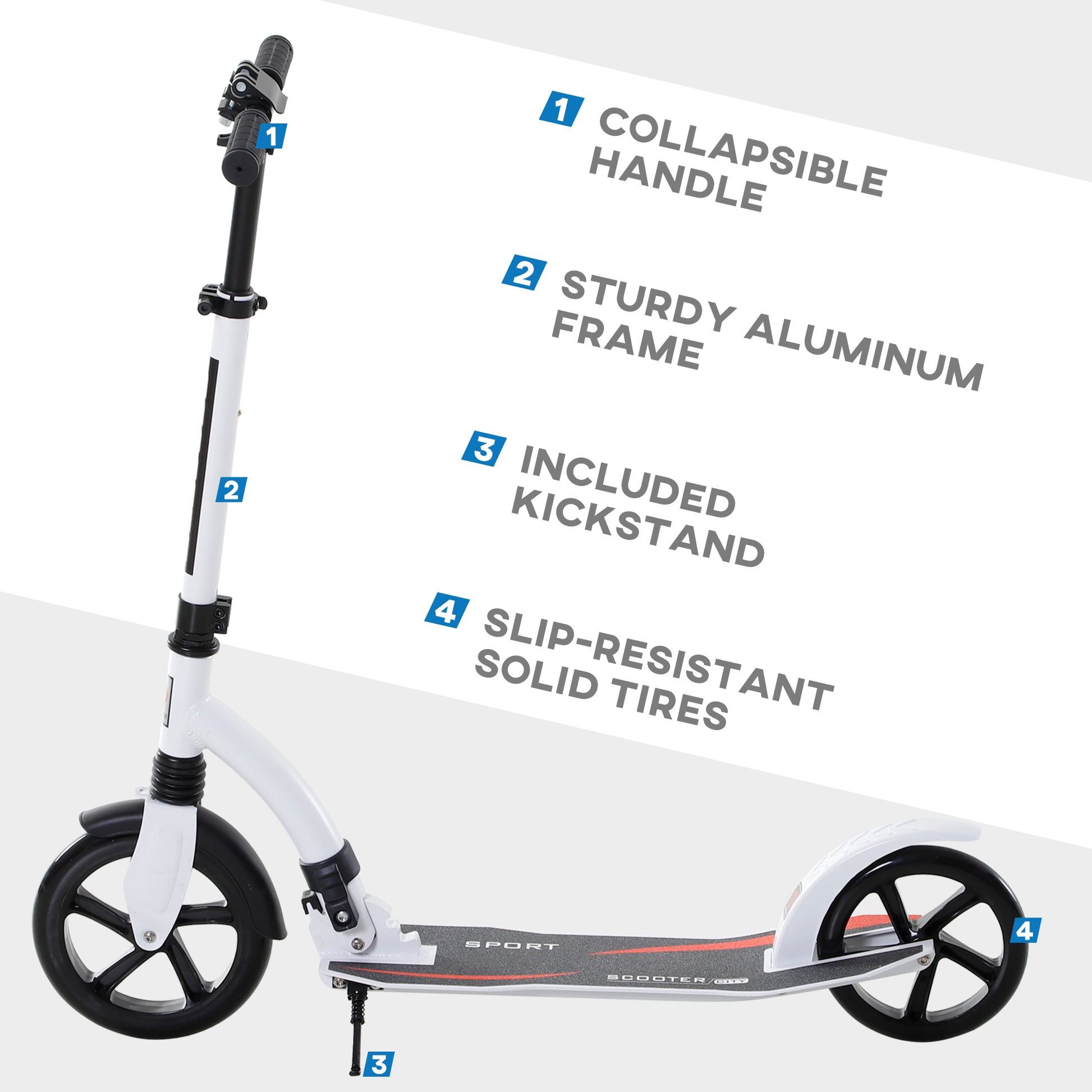 HOMCOM Foldable Kick Scooter with Double Shock Absorption and Big Wheels, Height Adjustable Aluminium Frame Big Wheel Scooter for 14+ Teens Adult - White--ChewyGames-ChewyGames