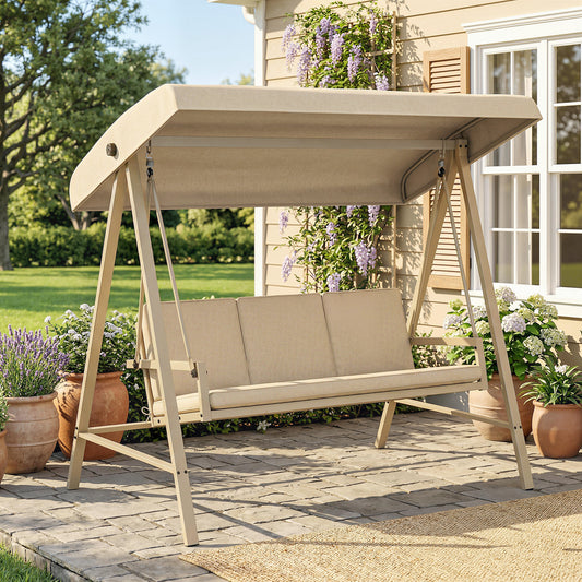 Outsunny Three-Seat Garden Swing Chair, with Adjustable Canopy - Beige
