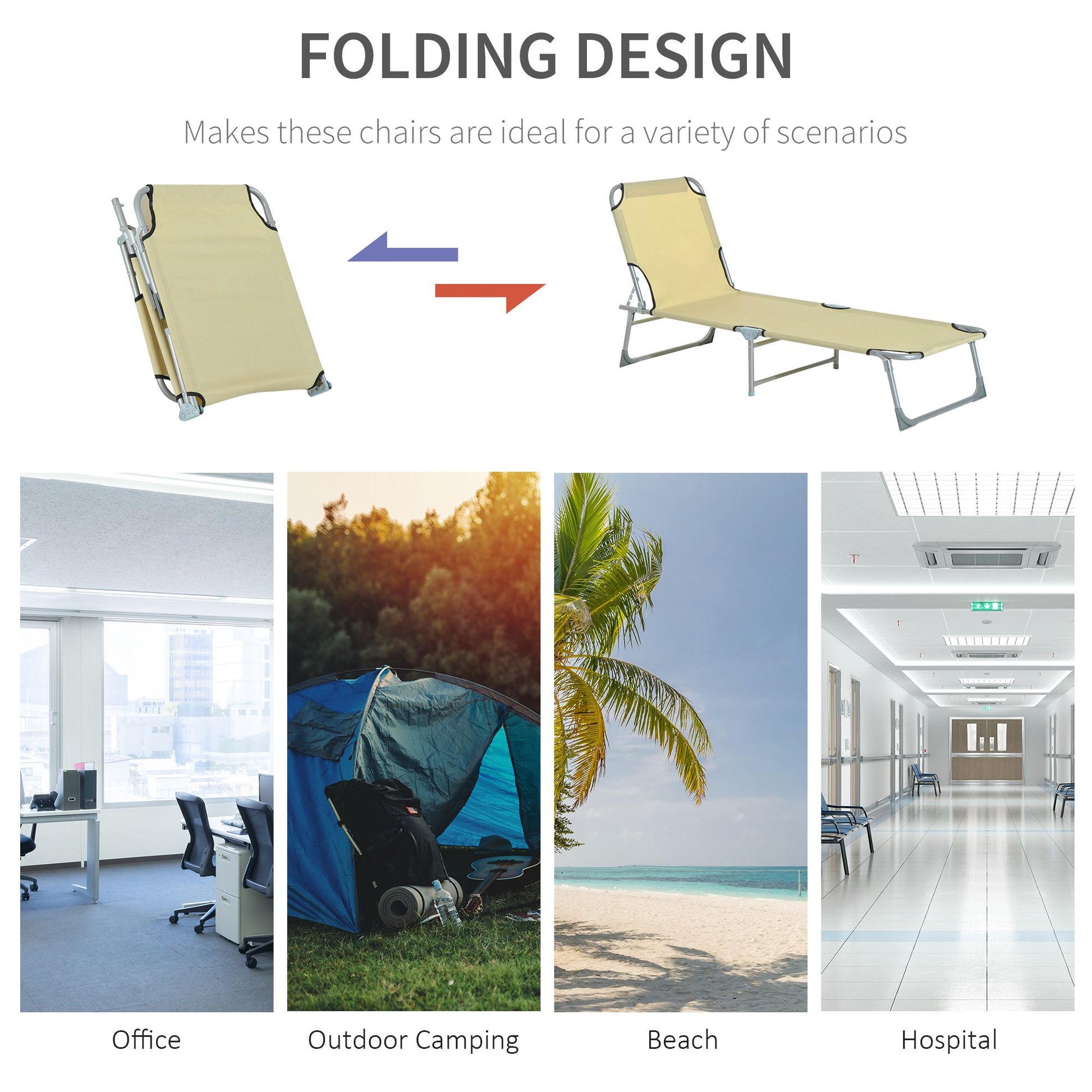 Outsunny Reclining Sun Lounger Chair Folding Camping Bed with 4-Position Adjustable Backrest, for Travel Indoor Outdoor Office Fishing, Beige--ChewyGames-ChewyGames