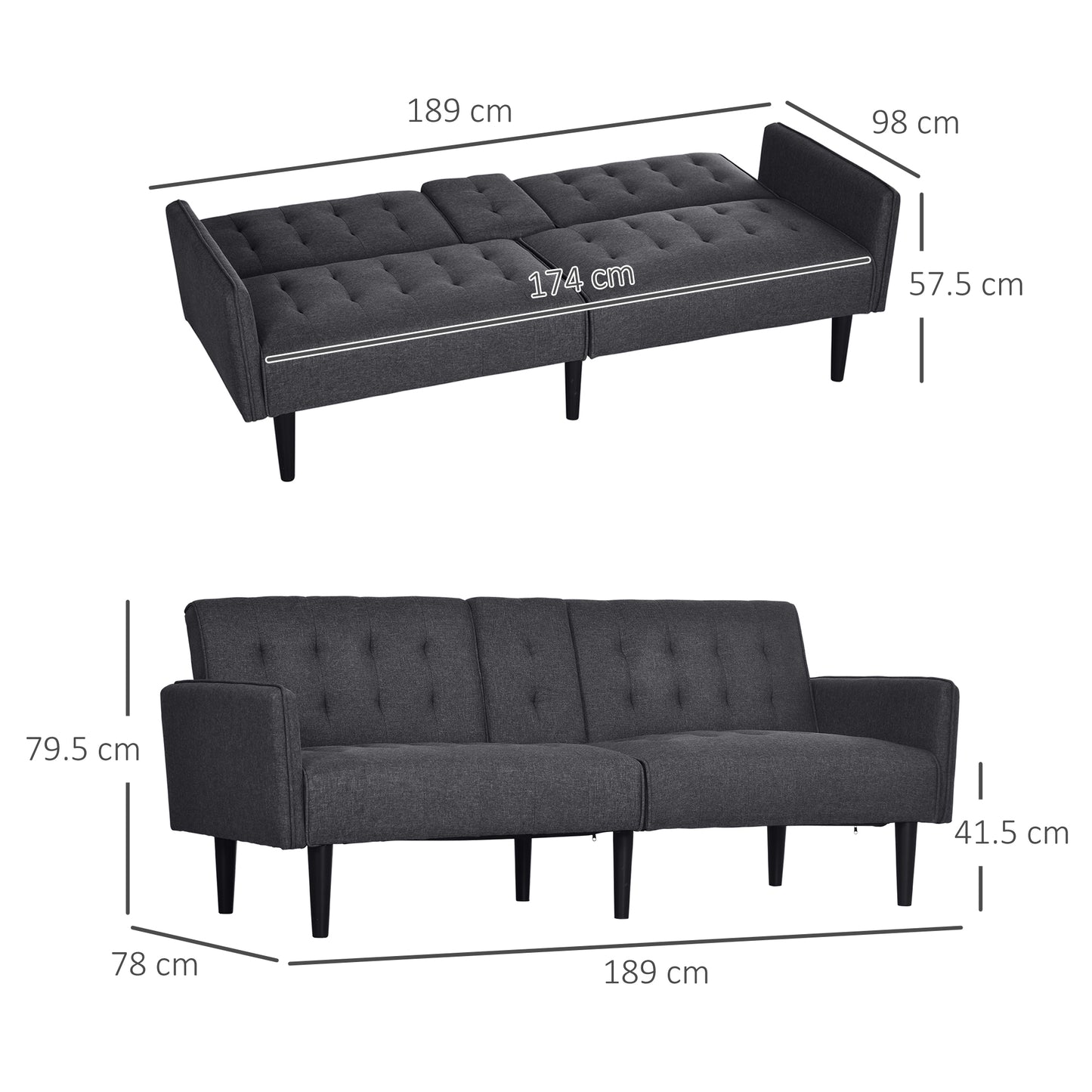 HOMCOM Three-Seater Sofa Bed, with Cupholders - Grey