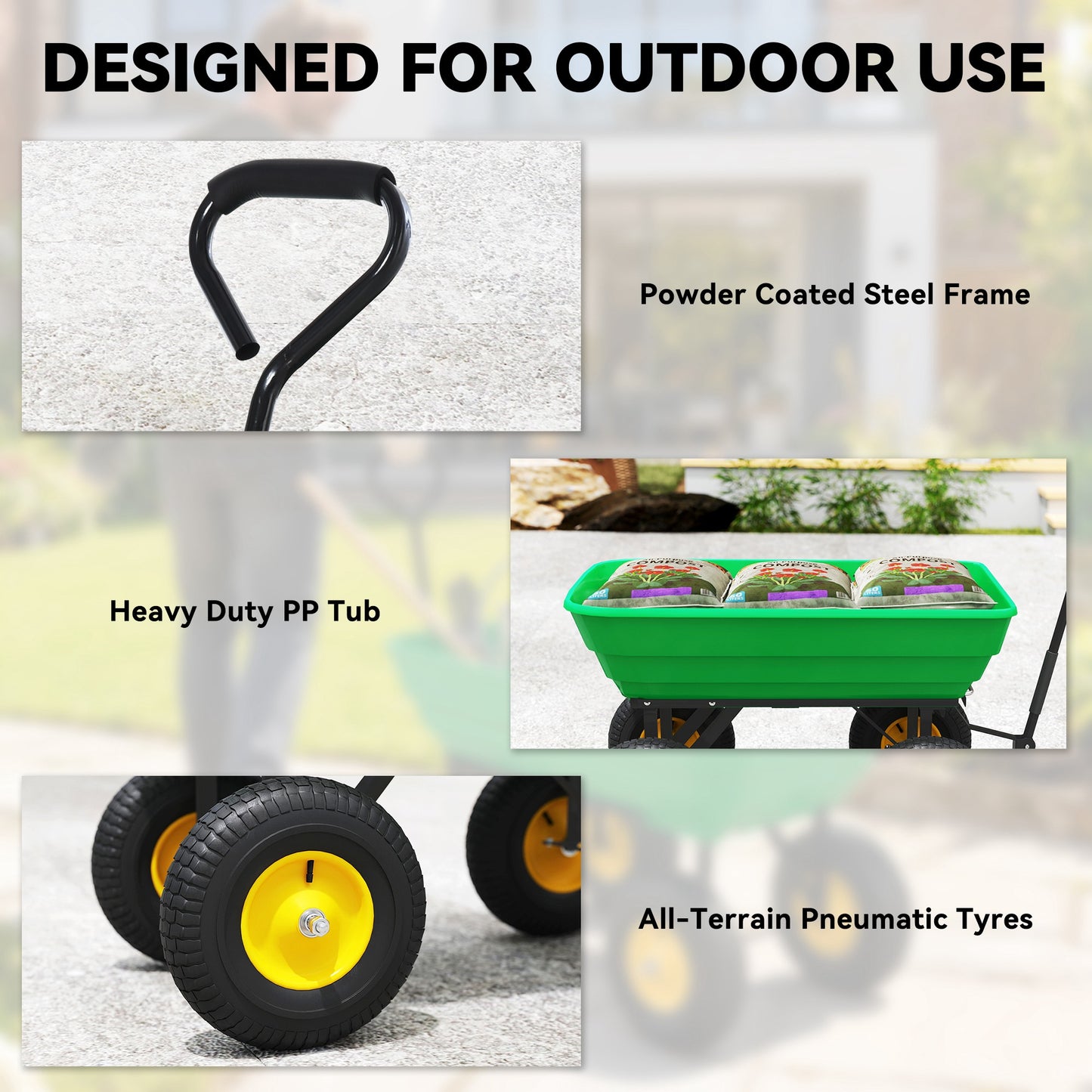 Outsunny 75 Litre Large Garden Cart, Tipping Wheelbarrows Heavy Duty Garden Dump Trolley 200kg Capacity for Festivals, Tools, Plants, Logs - Green