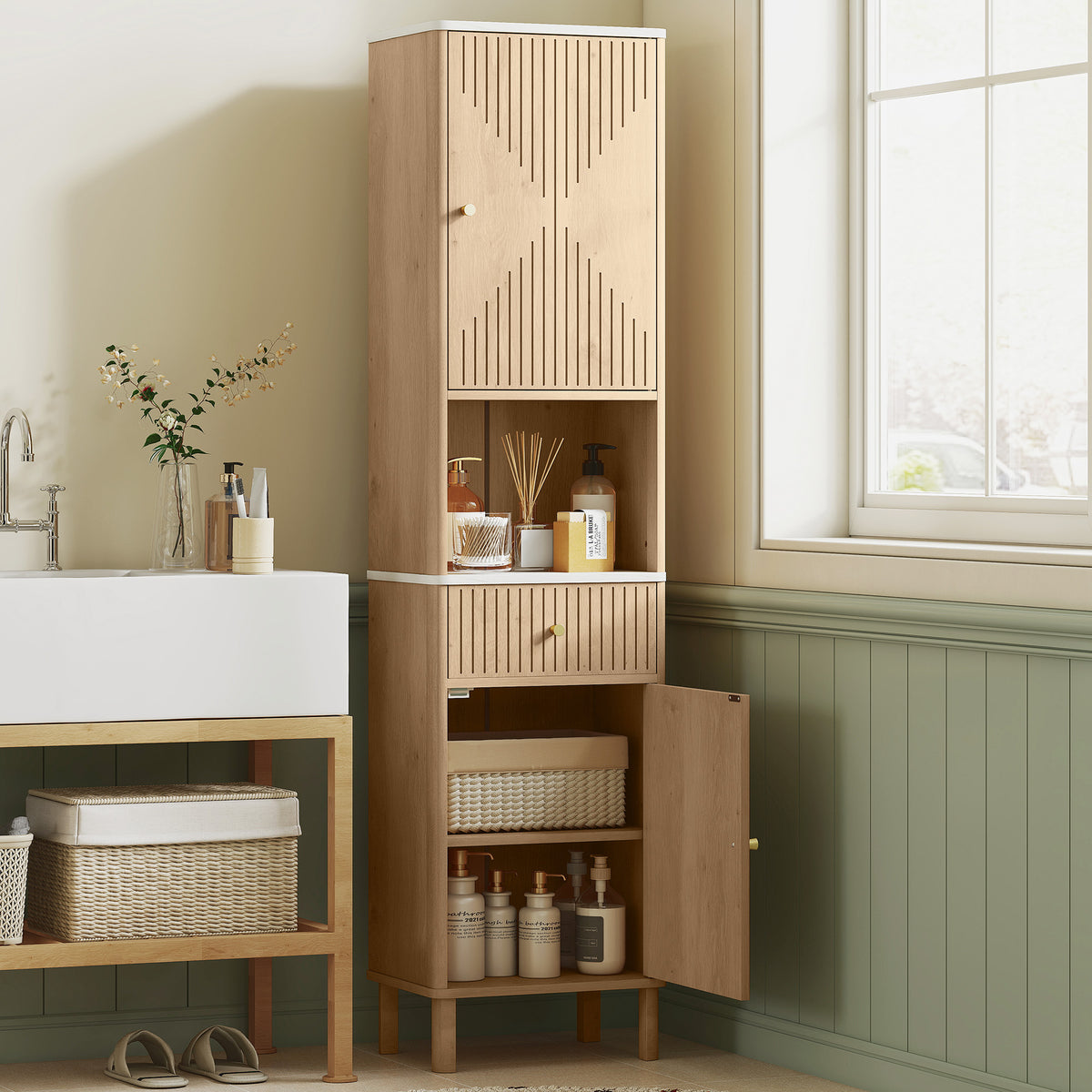 HOMCOM Slim Bathroom Cabinet with Silent Drawer Rail for Scandinavian, Japanese Styles - Wood-Effect-Bathroom Cabinets-ChewyGames-ChewyGames