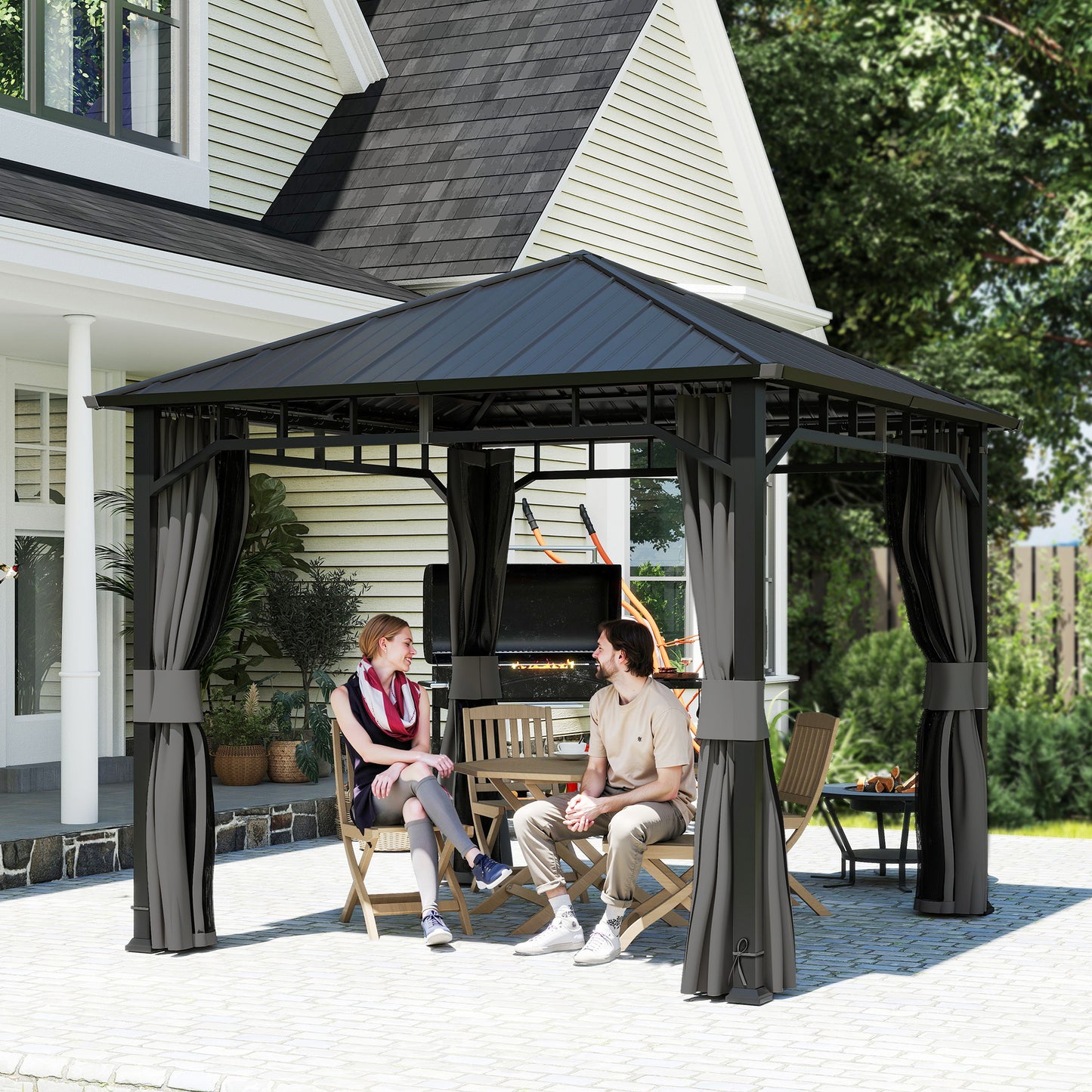 Outsunny 3 x 3(m) Hardtop Gazebo with Galvanised Steel Roof, Waterproof Permanent Pavilion Garden Gazebo with Netting and Curtains for Patio, Deck