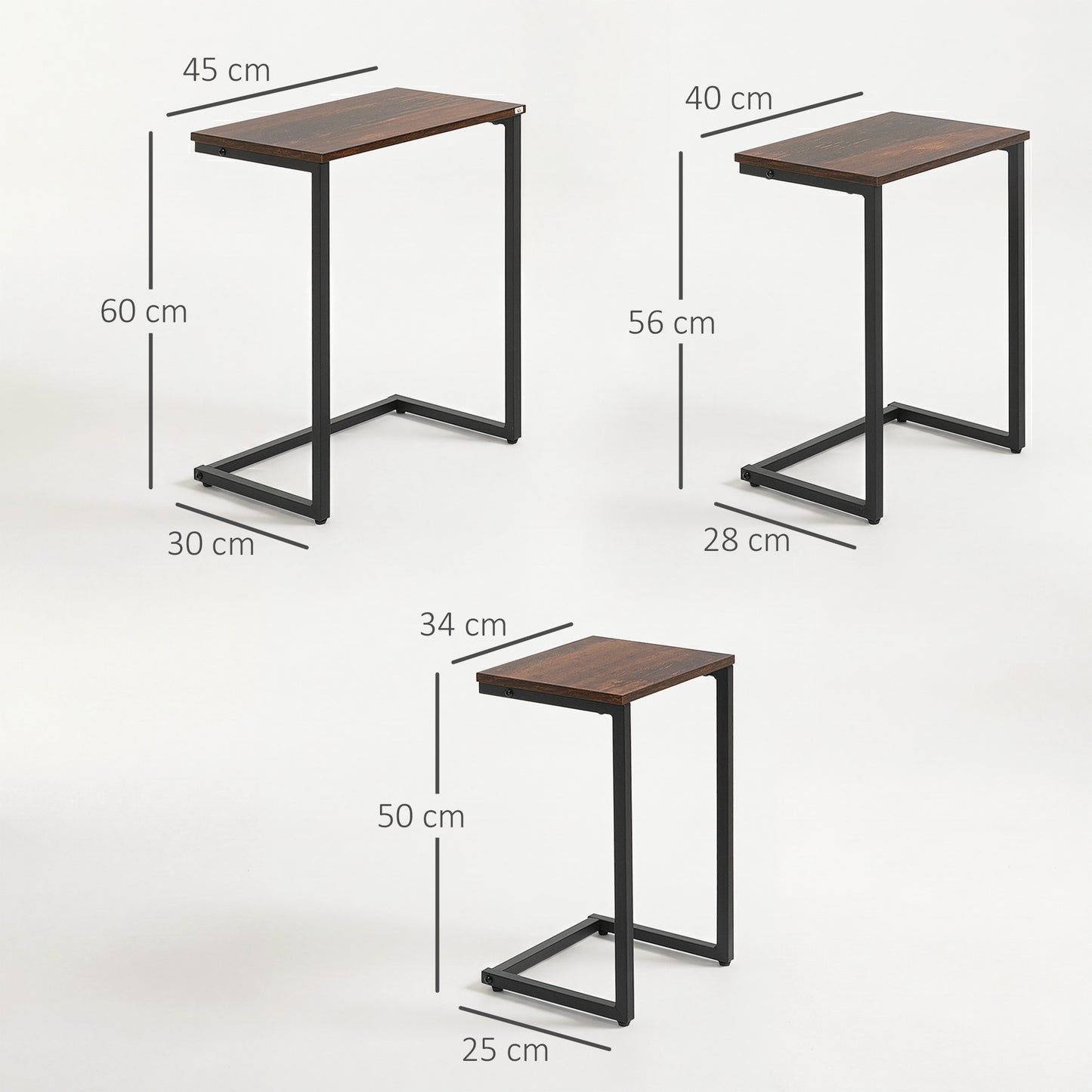 HOMCOM Nesting Side Tables Set of 3, C-Shaped Snack Side Tables with Steel Frame for Sofa Couch and Bed, Rustic Brown