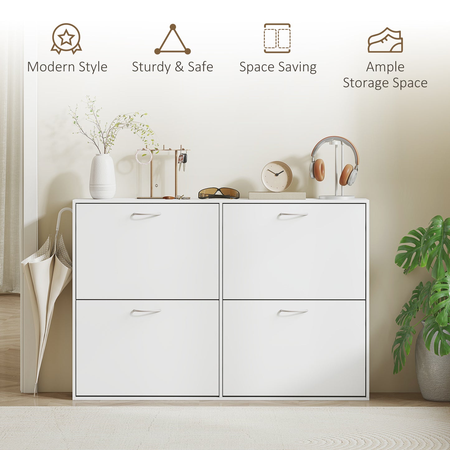 HOMCOM Wooden Modern Design 4 Drawer Shoes Cabinet Pull Down Shelf Storage Organiser - White