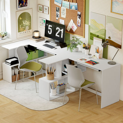 HOMCOM L-Shaped Corner Desk, Computer Desk with Keyboard Tray and Open Shelves, White Wood Effect