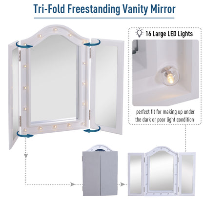 HOMCOM Trifold Tabletop Mirror, 73x53.5cm Makeup Mirror Large Cosmetic w/16 LED Lights Powered by Batteries, Foldable For Bedroom, White
