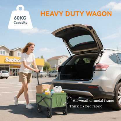 Outsunny 41L Festival Trolley on Wheels, Compact Garden Folding Trolley Cart, 60kg Heavy Duty Collapsible Foldable Wagon with Adjustable Handle and Carrying Bag for Beach, Camping, Festival, Green