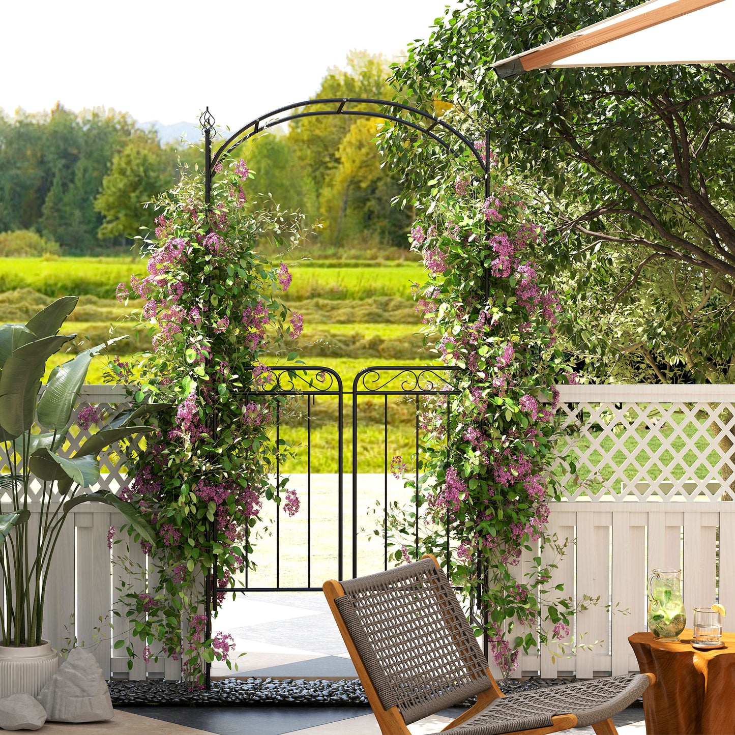 Outsunny Garden Decorative Metal Arch with Gate Outdoor Patio Trellis Arbor for Climbing Plant Archway Antique Black - 108L x 45W x 215Hcm