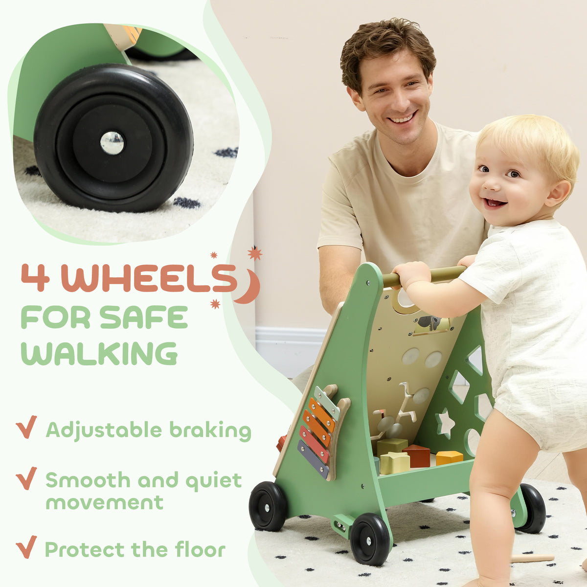 AIYAPLAY Wooden Baby Walker, Push Along Walker Toys with Speed Control, Xylophone, gears and Bead Maze, Green--ChewyGames-AIYAPLAY