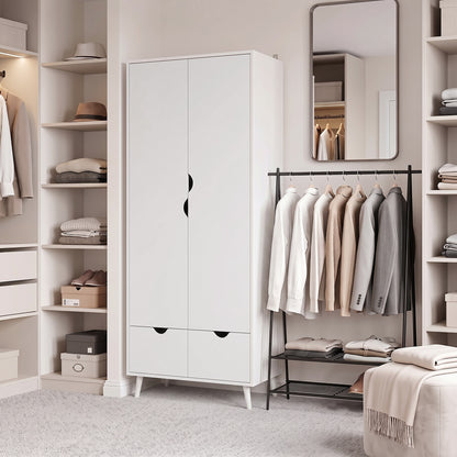 HOMCOM Elegant Home Storage Organisation Furniture, 2-Door Clothes Wardrobe with 2 Drawers, Wood Feet, White