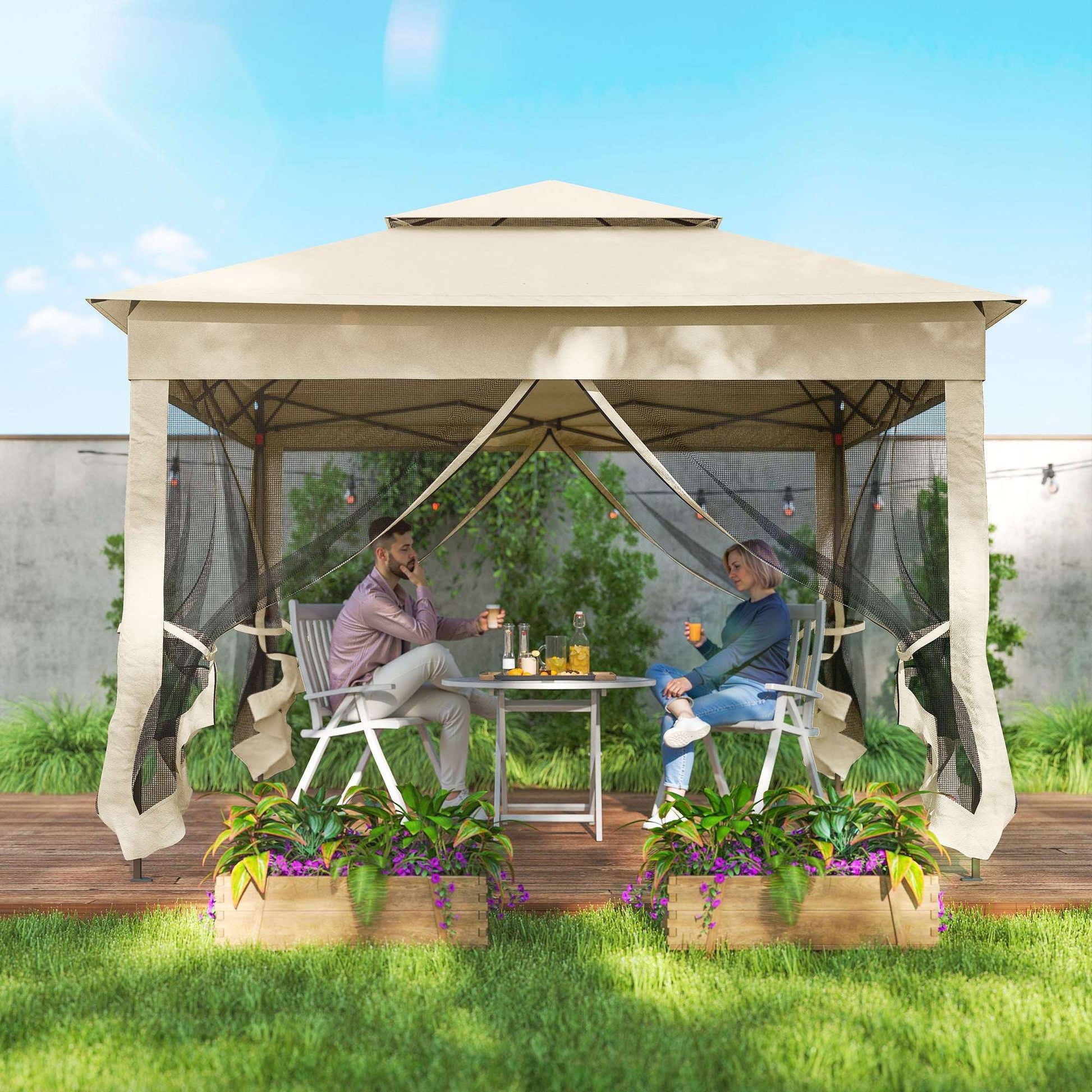Outsunny 3 x 3(m) Pop Up Gazebo, Double-roof Garden Tent with Netting and Carry Bag, Party Event Shelter for Outdoor Patio, Cream White