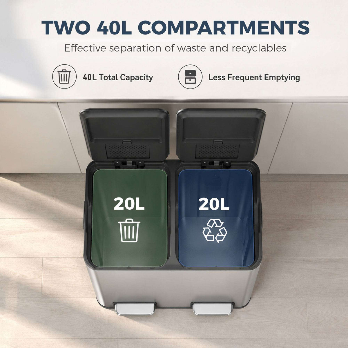 HOMCOM 2 x 20L Double Kitchen Bin, Stainless Steel Pedal Rubbish Bin with Dual Compartments, Soft Close Lids, Silver Tone