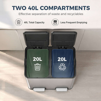 HOMCOM 2 x 20L Double Kitchen Bin, Stainless Steel Pedal Rubbish Bin with Dual Compartments, Soft Close Lids, Silver Tone