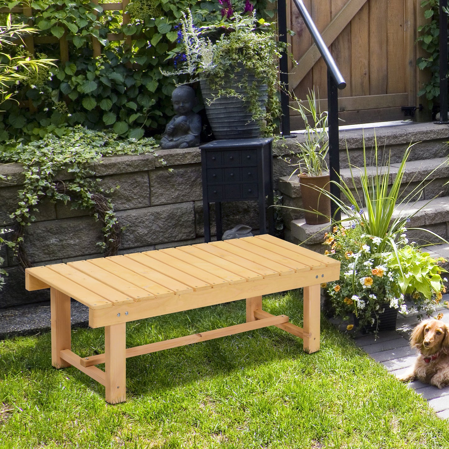 Outsunny Wooden Garden Benches, 2 Seater Outdoor Benches, Fir Wood Backless Patio Loveseat with Slatted Seat for Park, 110 x 38 x 35 cm, 5 Pieces, Natural Wood Finish