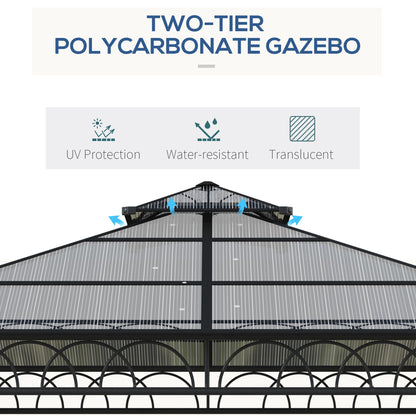 Outsunny 3 x 3 (m) Outdoor Polycarbonate Gazebo, Double Roof Hard Top Gazebo with Galvanised Steel Frame, Nettings & Curtains for Garden, Lawn, Patio and Deck, Khaki