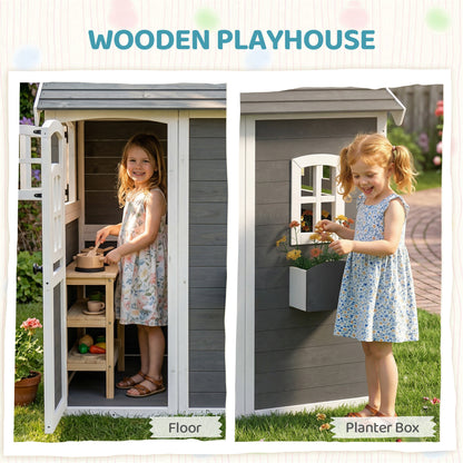 Outsunny Wooden Playhouse for Kids with Doors, Windows, Plant Box, Floors, for Ages 3-8 Years, for Gardens, Lawns, Patios - Grey