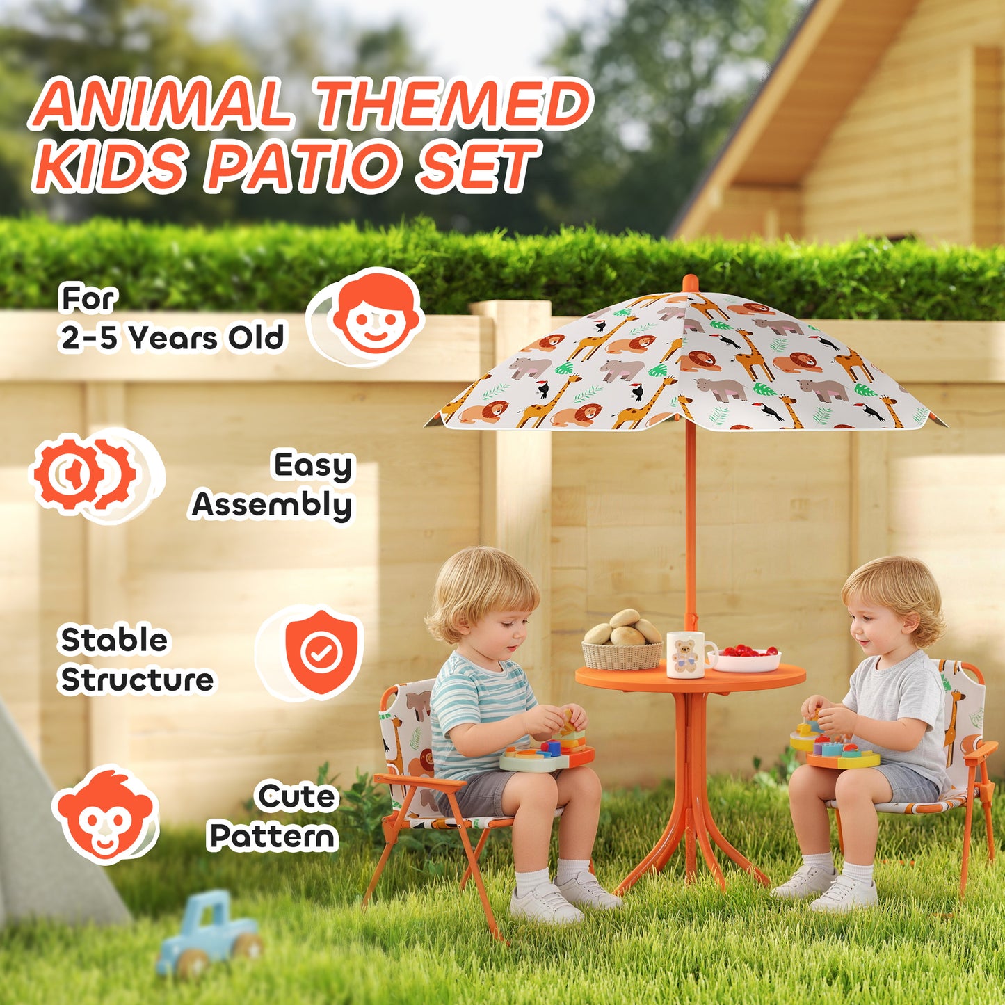 AIYAPLAY Kids Patio Set, Children Table and Chair Set, Outdoor Picnic Table with 2 Folding Chairs and Umbrella, Orange--ChewyGames-ChewyGames