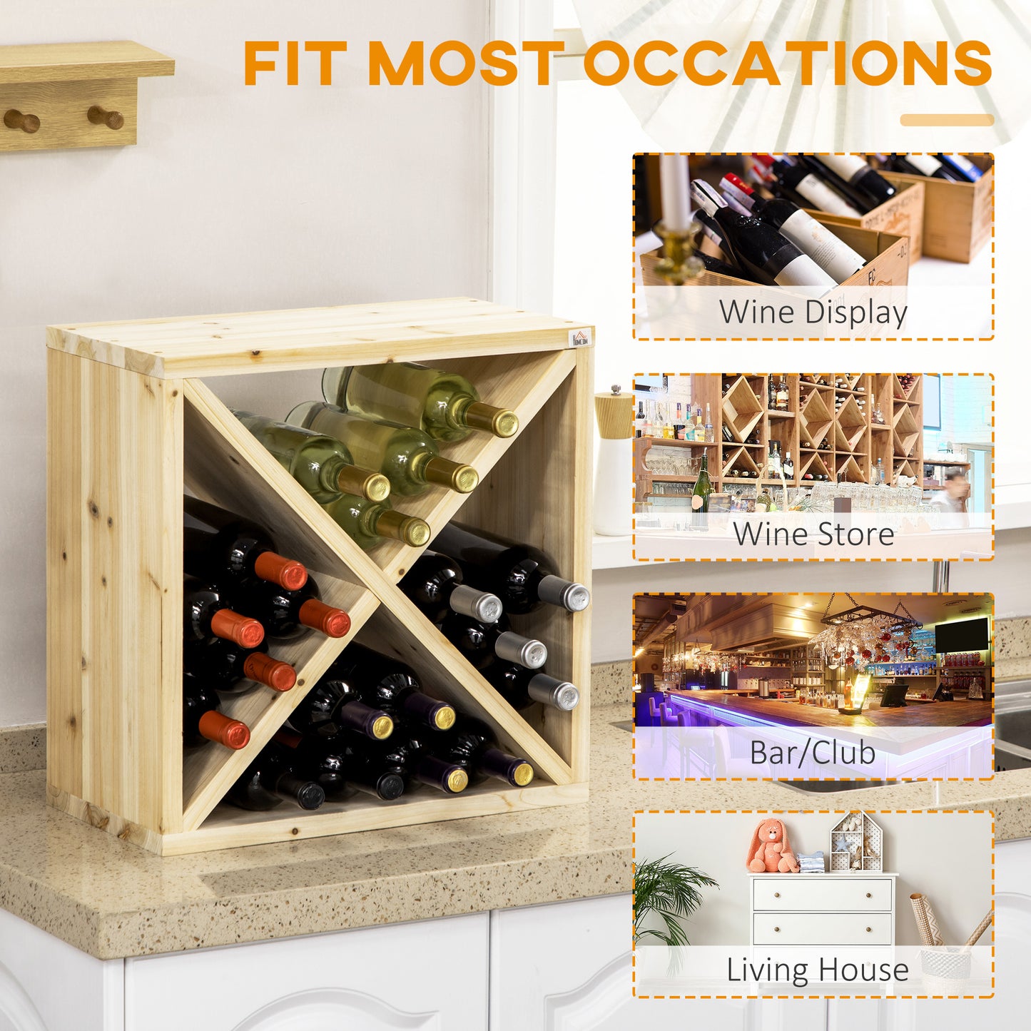 HOMCOM 24 Bottles Wine Rack, Solid Wood Wine Holder Stand, Natural Wood Finish