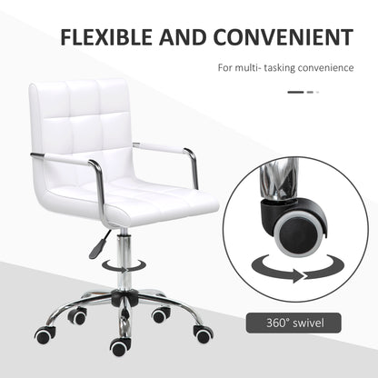 Vinsetto Makeup Vanity Chair, PU Leather Mid Back Office Chair with Adjustable Height, Armrest and Rolling Wheels, White