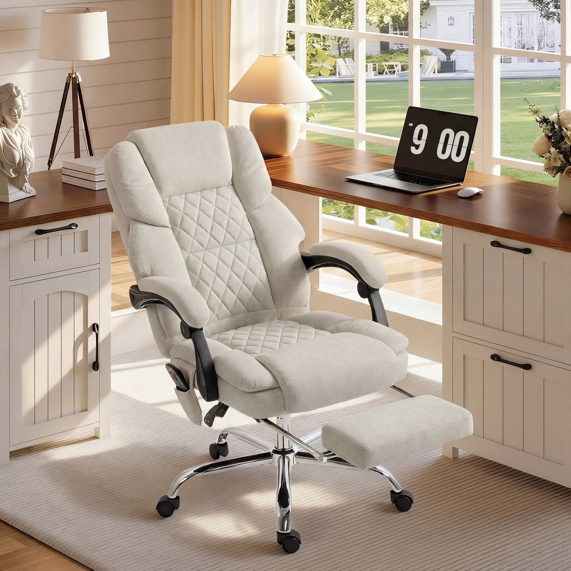 HOMCOM Office Chair with 6-point Vibration Massage and Heat, Fabric Desk Chair with Footrest, High Back, Cream White-Office Chairs-ChewyGames-ChewyGames