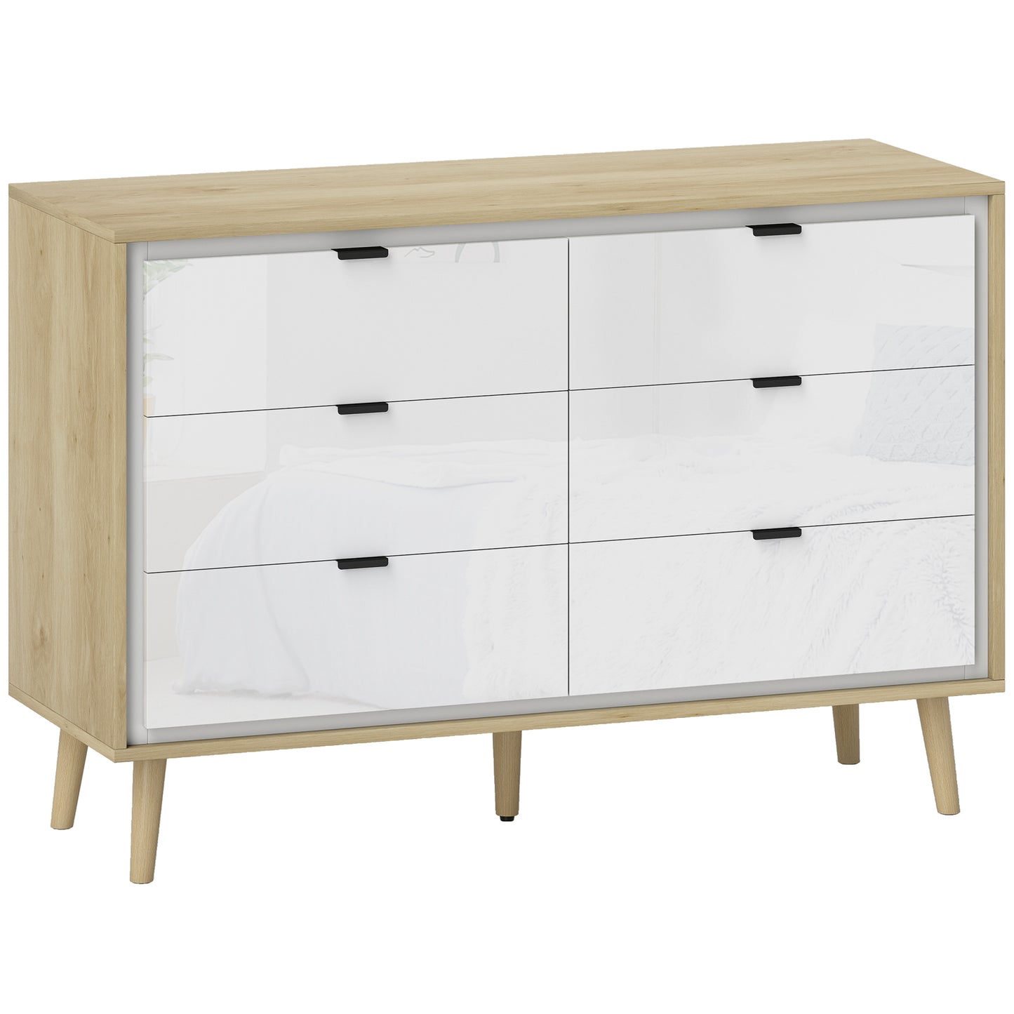 HOMCOM Storage Cabinet, Chest of Drawers with 6  Drawers and 5 Legs for Bedroom,  High Gloss White