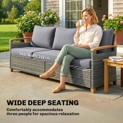 Outsunny 3 Seater Rattan Garden Sofa, PE Wicker Outdoor Sofa Wide Deep Seat, 4" Cushions, Wood-Effect Armrests Legs, Dark Grey