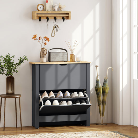 HOMCOM Slim Shoe Cabinet, Narrow Shoe Cupboard with 2 Flip Drawers, Adjustable Shelves for 12 Pairs of Shoes, Charcoal Grey--ChewyGames-ChewyGames