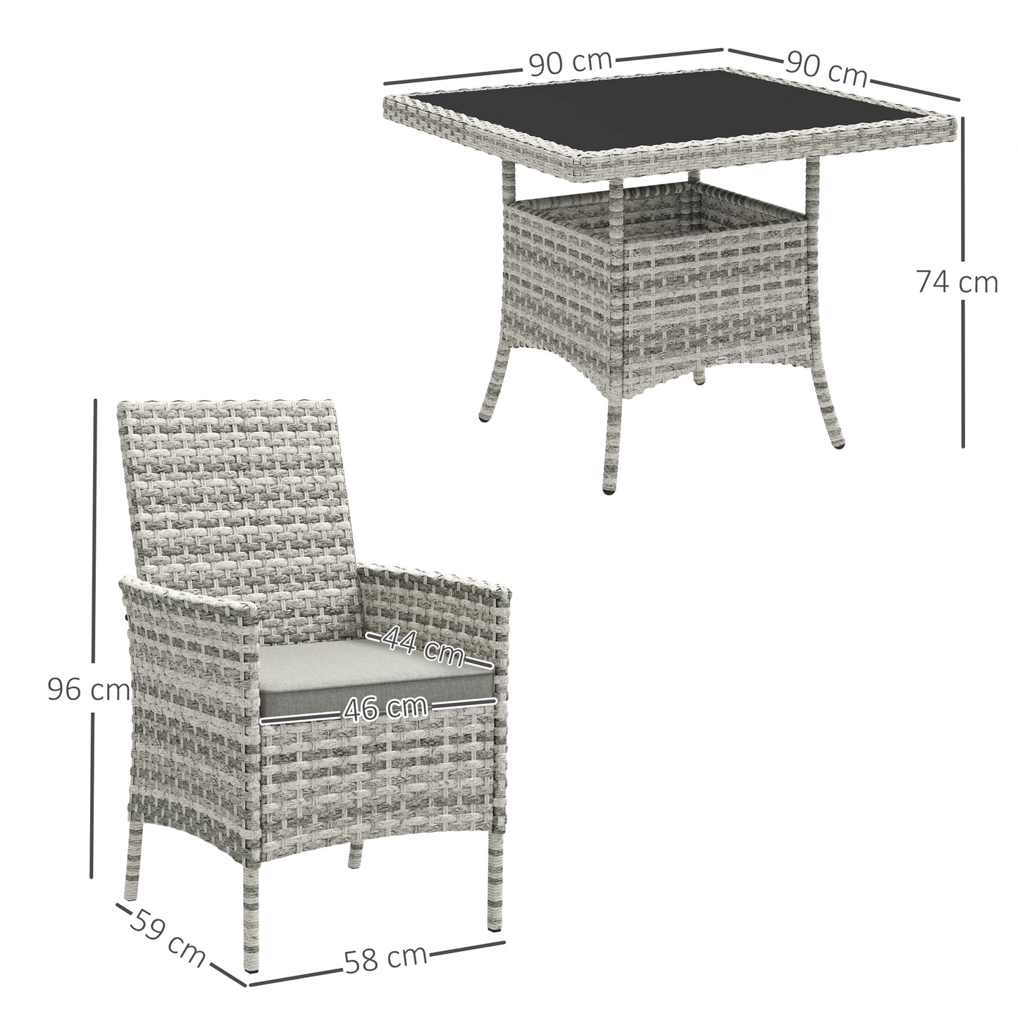 Outsunny Rattan Garden Furniture Set, Outdoor Dining Table and Chairs 4 Seater with Cushions, Square Tempered Glass Top, 4 Armchairs, for Balcony, Terrace, Conservatory, Mixed-Grey