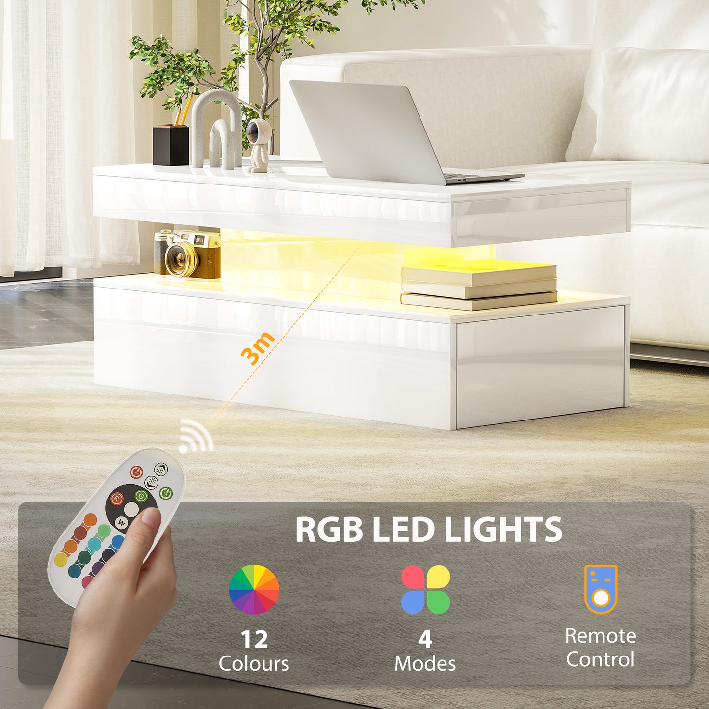 HOMCOM LED Coffee Table with Storage - High Gloss White